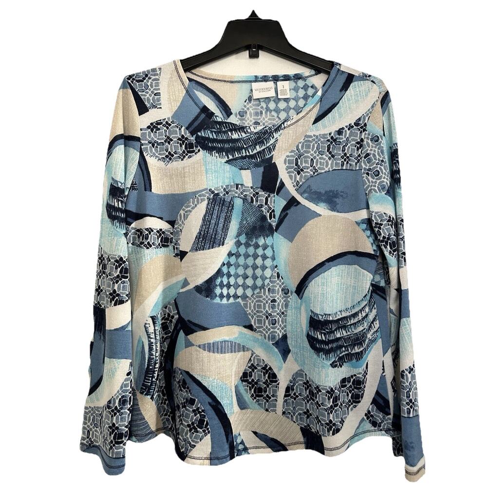 Weekends by Chico’ s Blue White Abstract Round Neck Long Sleeve Top Size 1